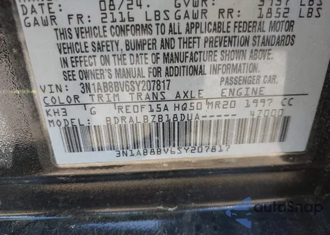 2025 Nissan Sentra S z USA, uszkodzony, nr VIN 3N1AB8BV6SY207817